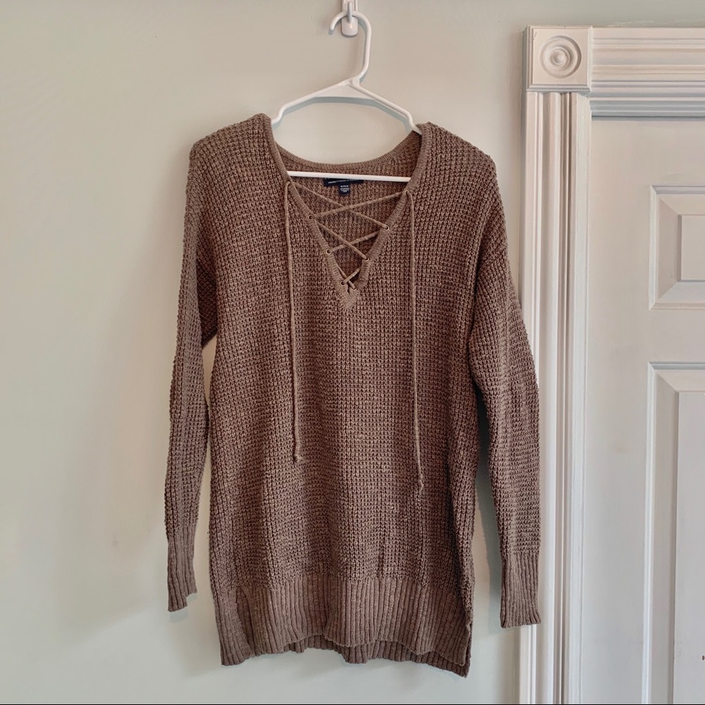 Brown Lace-Up Knit Sweater